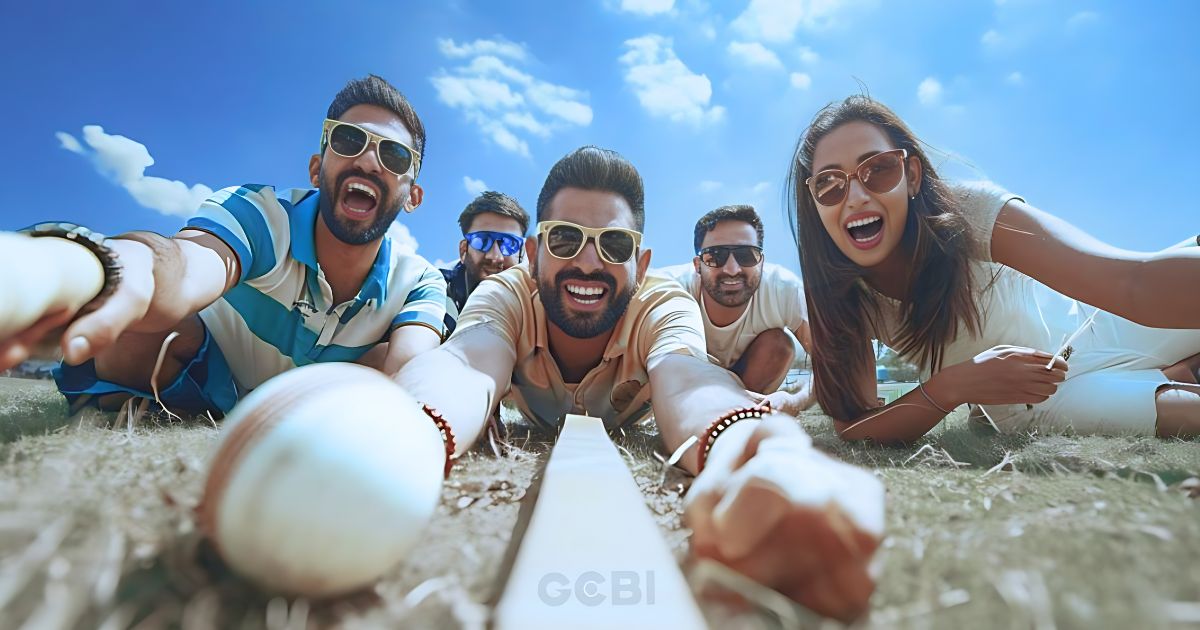 A group of 4 muscle handsome Indian men and 1 beautiful Indian woman playing cricket. They are wearing sun glasses and sports clothes. They are lying on the ground with wicket ball and bats