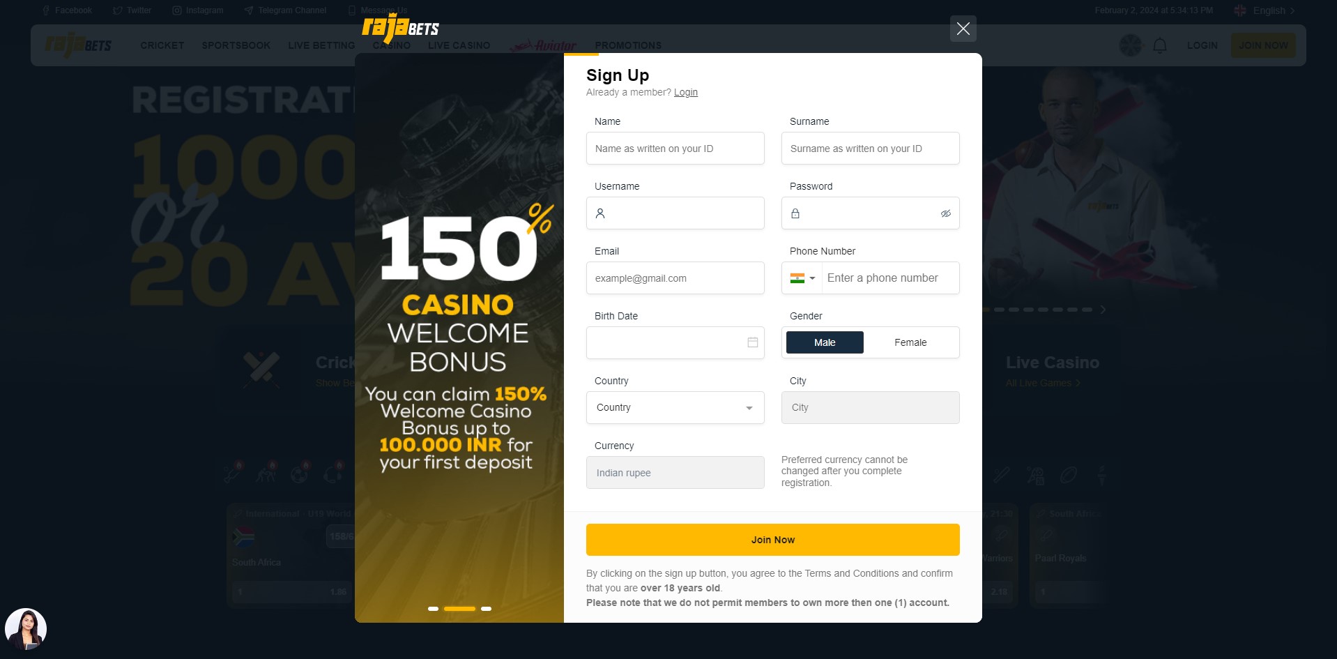 rajabets create account